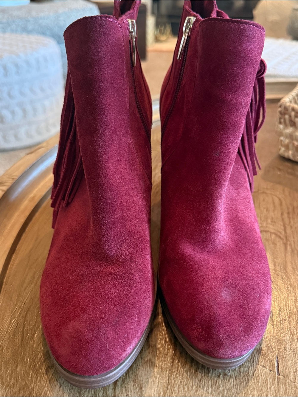 Vince Camuto Burgundy Suede Fringe Ankle Bootie with Block Heel